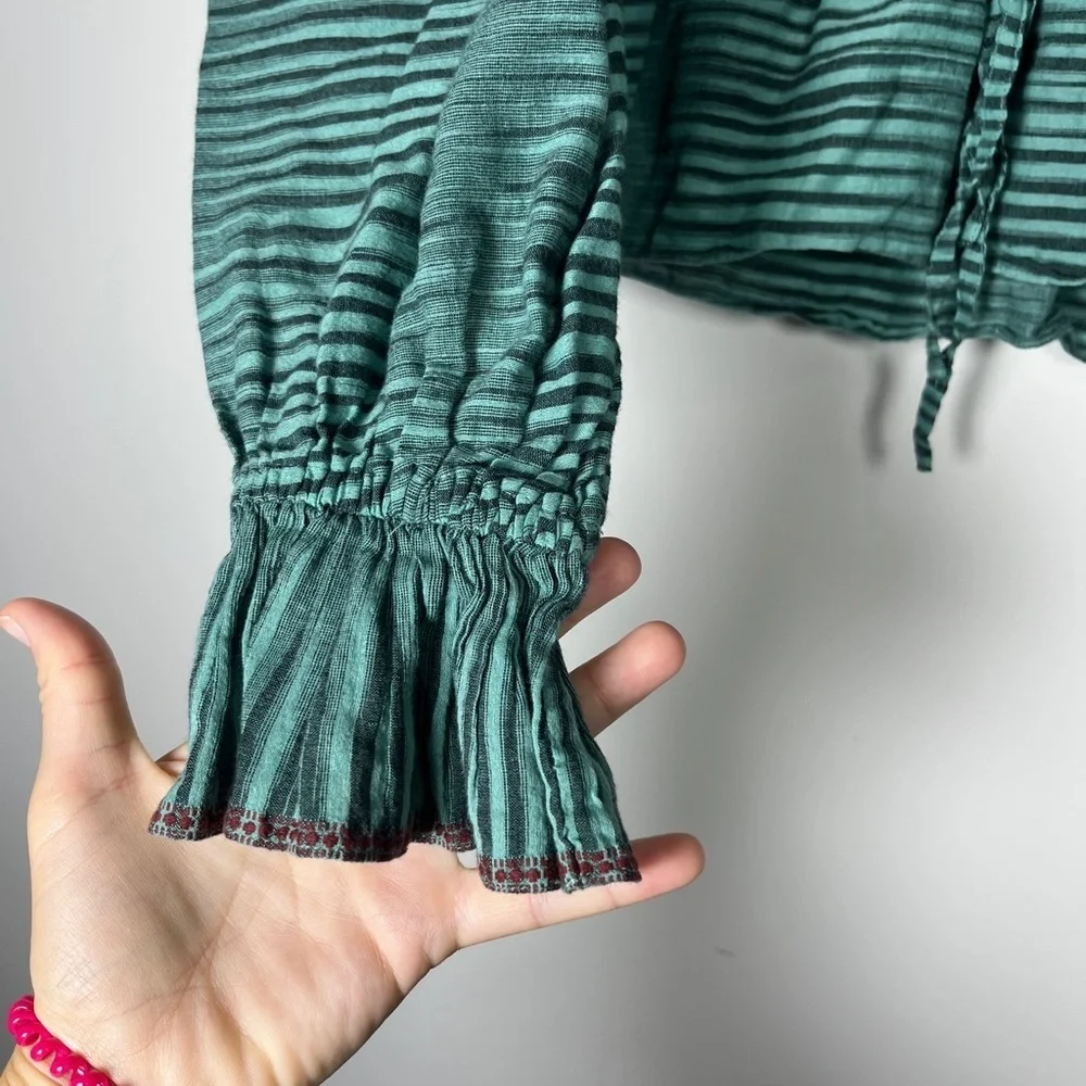 Ulla Johnson Ophelia Cotton Voile Peplum Blouse Teal/ Green Stripe sz 6